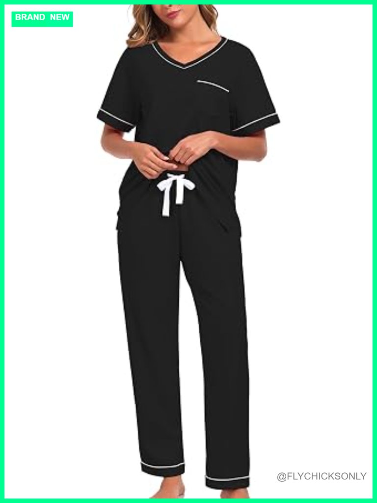 100% Cotton Pajama Set V Neck Short Sleeve Lounge Set With Pockets